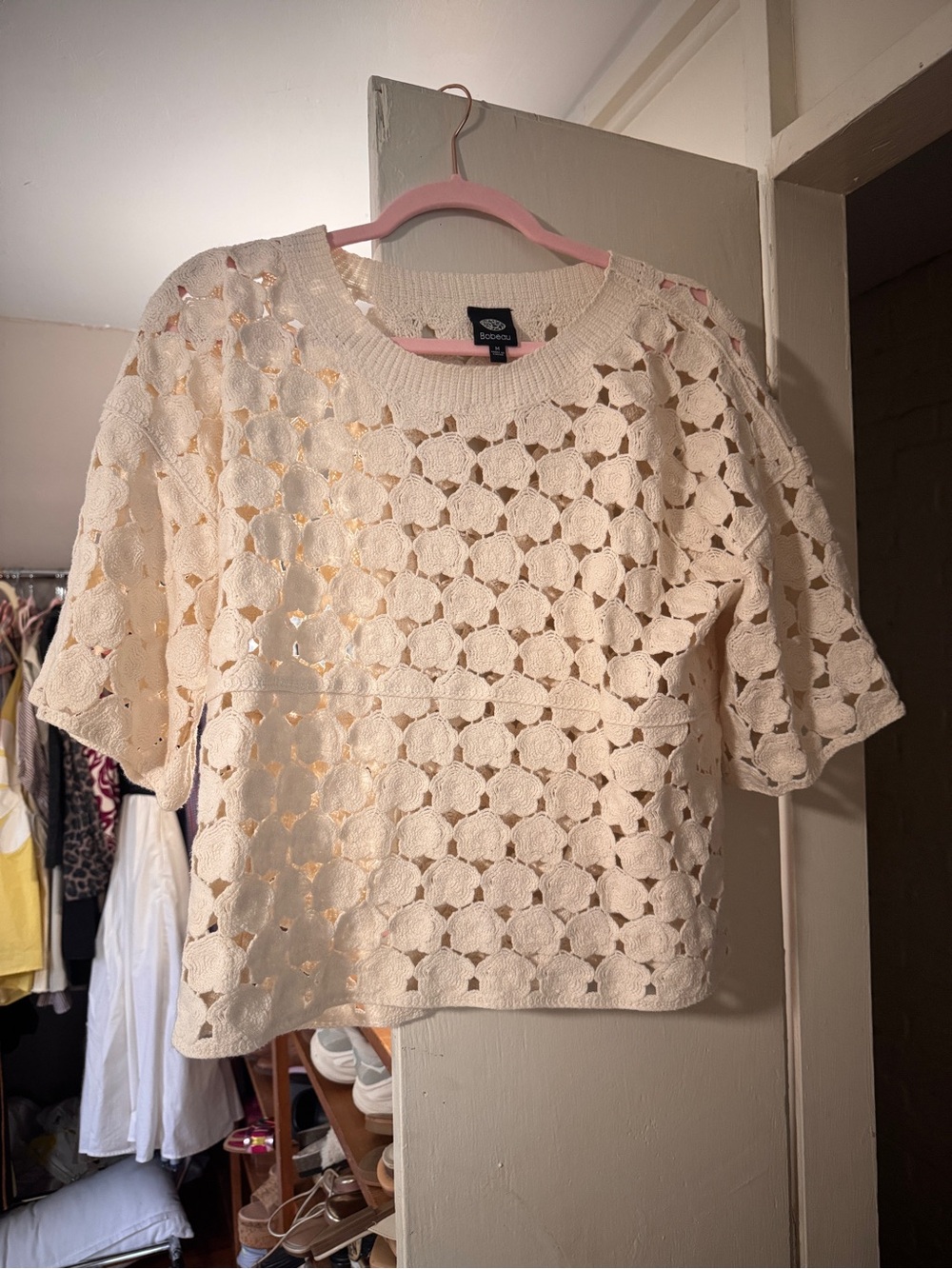 Cream Crochet Short-Sleeve Sweater Top - Bobeau